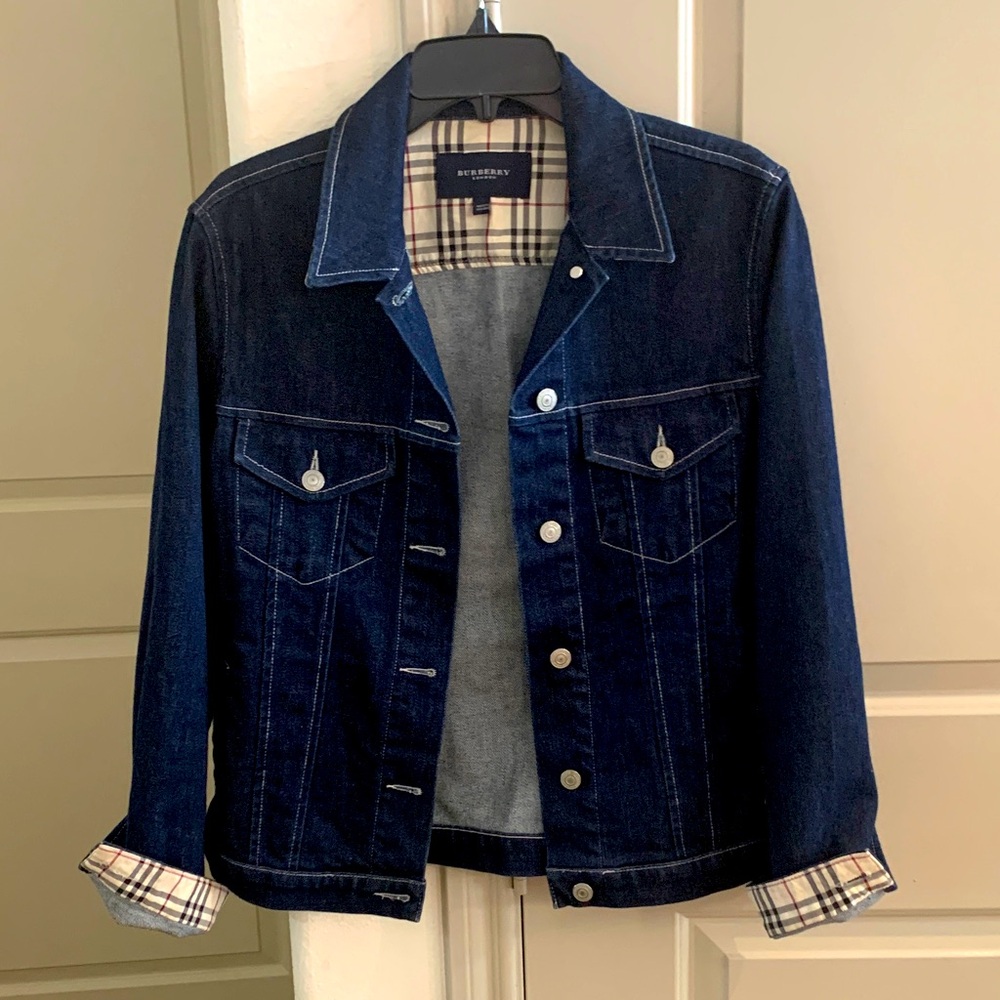 EUC denim Burberry Jean Jacket 
size US 6 plaid details.